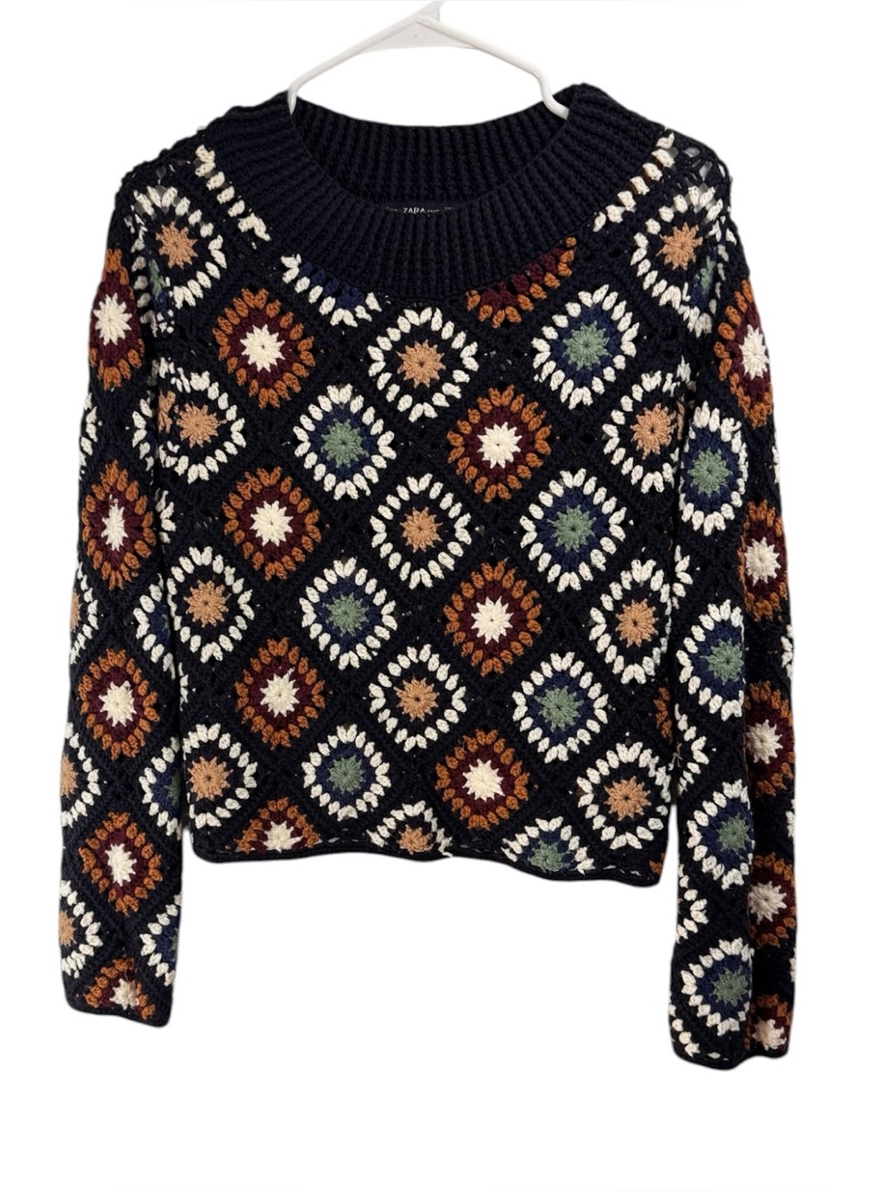 Zara Multicolor Blue Crochet Granny Square Knit Sweater Size Medium Boho Cropped